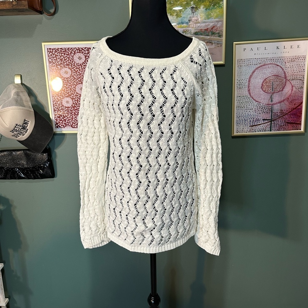 💕LOFT White Cable Knit Crew Neck Sweater Size M